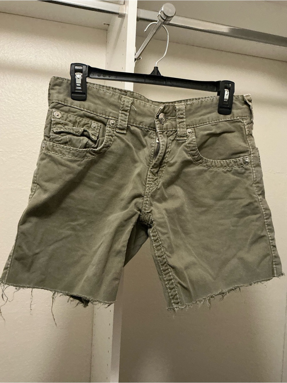 True Religion Olive Cutoff Bermuda Shorts